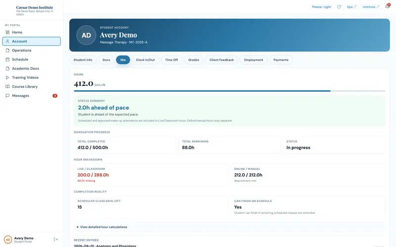 Student hours page in Caesar: 412 of 500 clock hours complete, two hours ahead of pace, with live classroom and online hours tracked separately.