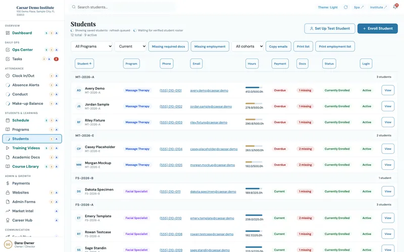Caesar student roster grouped by cohort, showing each student's enrollment status and clock hours completed against their program.